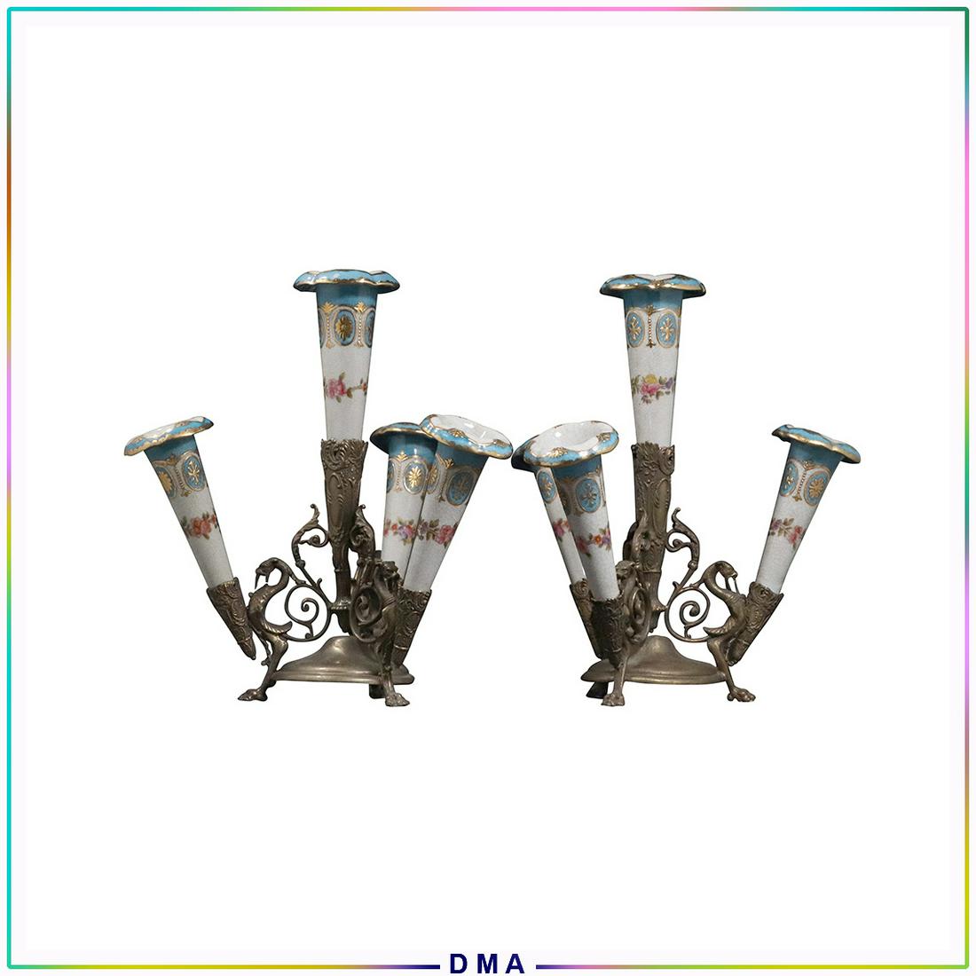 [2] Two Bronze Base and Fine Porcelain Epergnes: [2] Two Bronze Base and Fine Porcelain Epergnes. Size: 11.5h x 10.5w