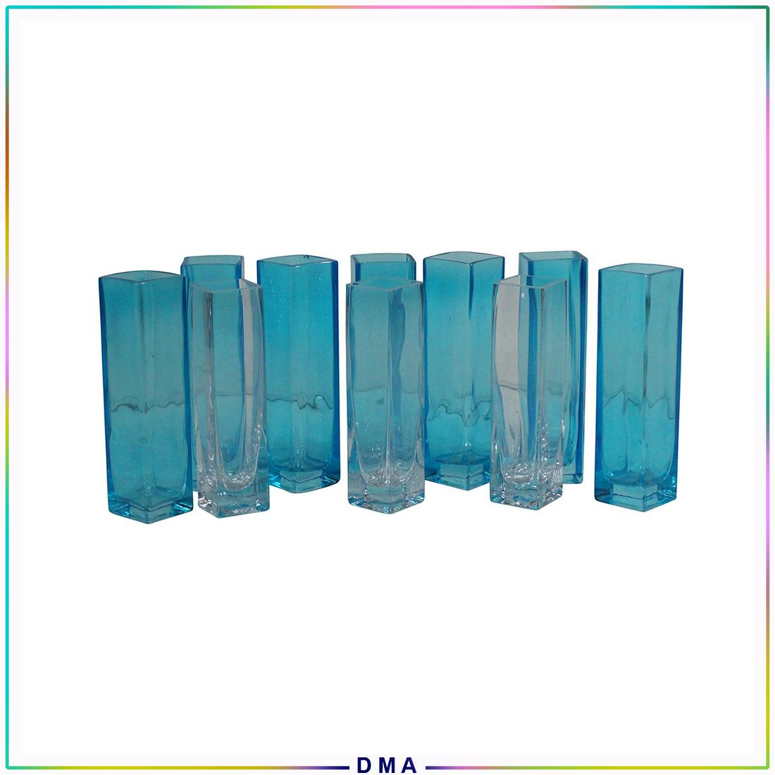 10 Mid-Century Square Tower Glass Vases 7 Blue, 3 Clear: 10 Mid-Century Square Tower Glass Vases 7 Blue, 3 Clear. Size (7x) 8.5 h blue, (3x) 8 clear