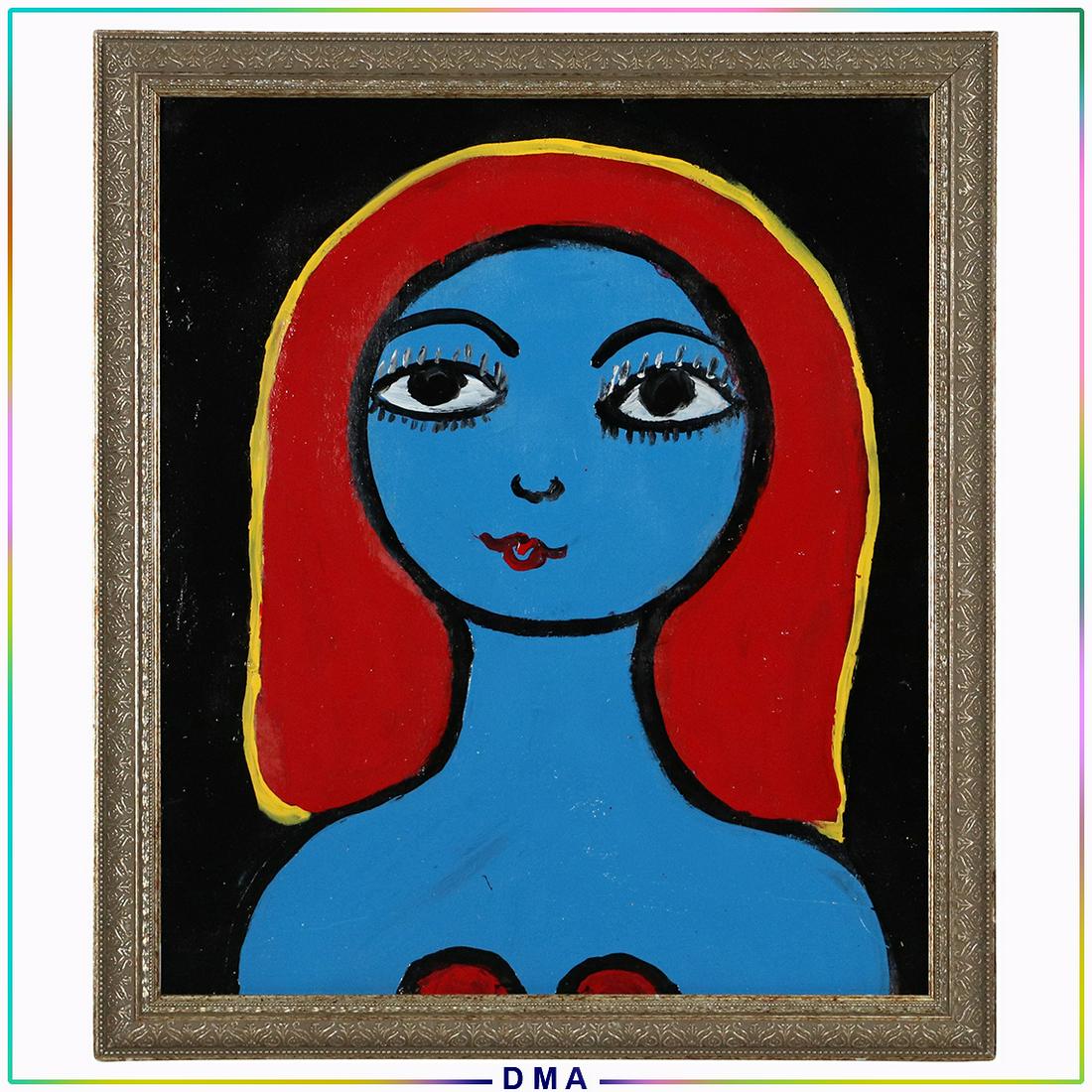 Pulgini, Mid-Century Modern Oil/b Abstract Blue Woman: Pulgini, Mid-Century Modern Oil/b Abstract Blue Woman. Oil on board painting. Signed on verso. Framed. Popular Philadelphia Area Artist. Top Auction prices recorded for this artist in 2020 is $550, $6