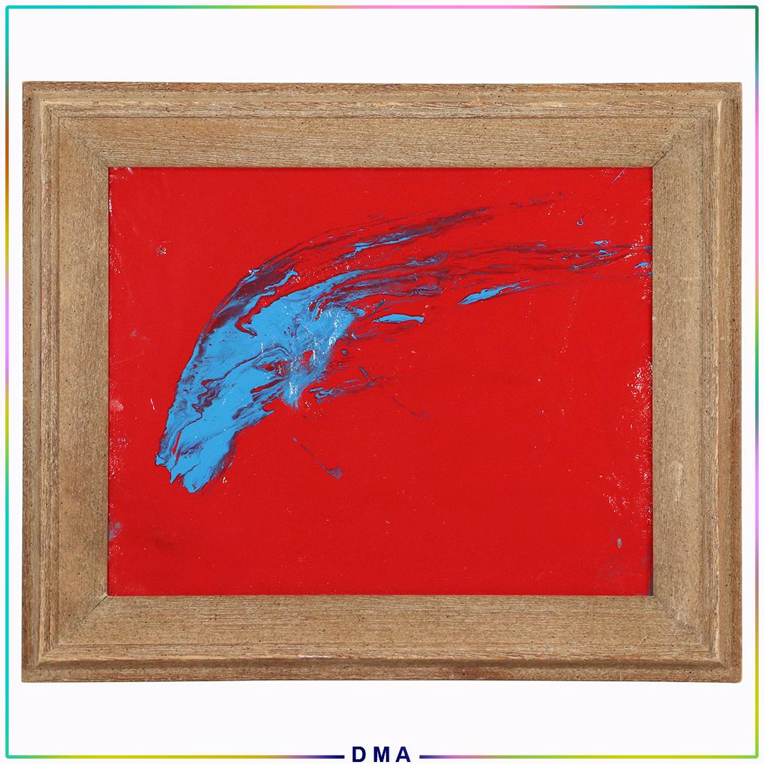 Pulgini, Mid-Century Modern Oil/b Abstract Blue on Red: Pulgini, Mid-Century Modern Oil/b Abstract Blue on Red. Oil on board painting. Signed on verso. Framed. Popular Philadelphia Area Artist. Top Auction prices recorded for this artist in 2020 is $550, $