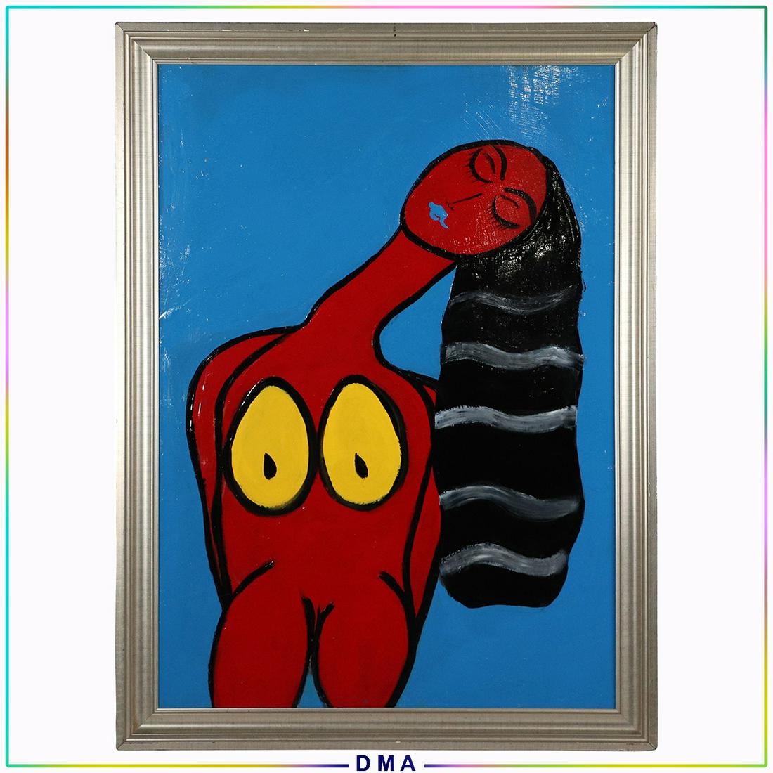 Pulgini, Mid-Century Modern Oil/b Abstract Red Woman: Pulgini, Mid-Century Modern Oil/b Abstract Red Woman with yellow boobs. Oil on board painting. Signed on verso. Framed. Popular Philadelphia Area Artist. Top Auction prices recorded for this artist in