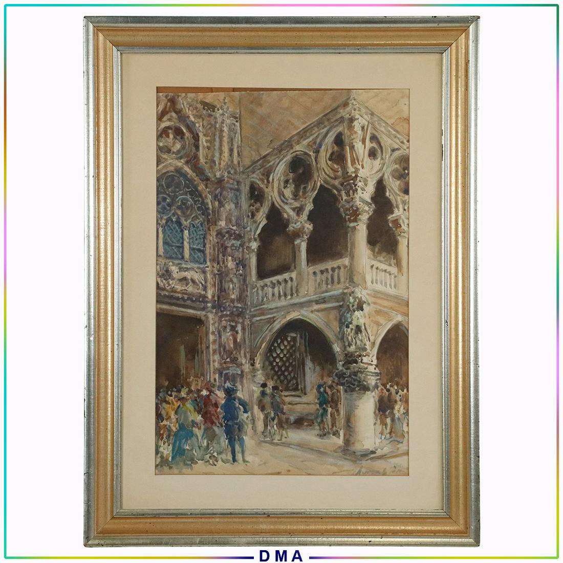 Superb 19th C. Watercolor Architectural Balcony Signed (1 of 14)