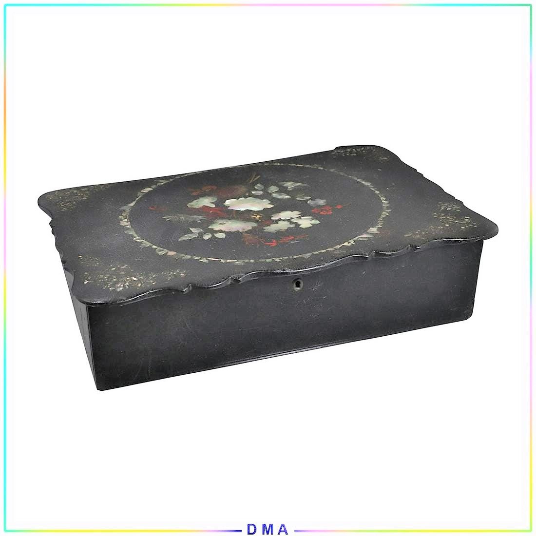 19th C Black Lacquer Paper Mache Traveling Lap Desk MOP (1 of 9)