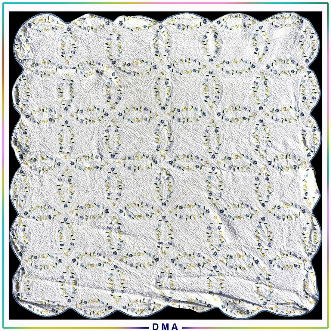 Blue and White Wedding Ring Pattern Quilt with Flowers (1 of 5)