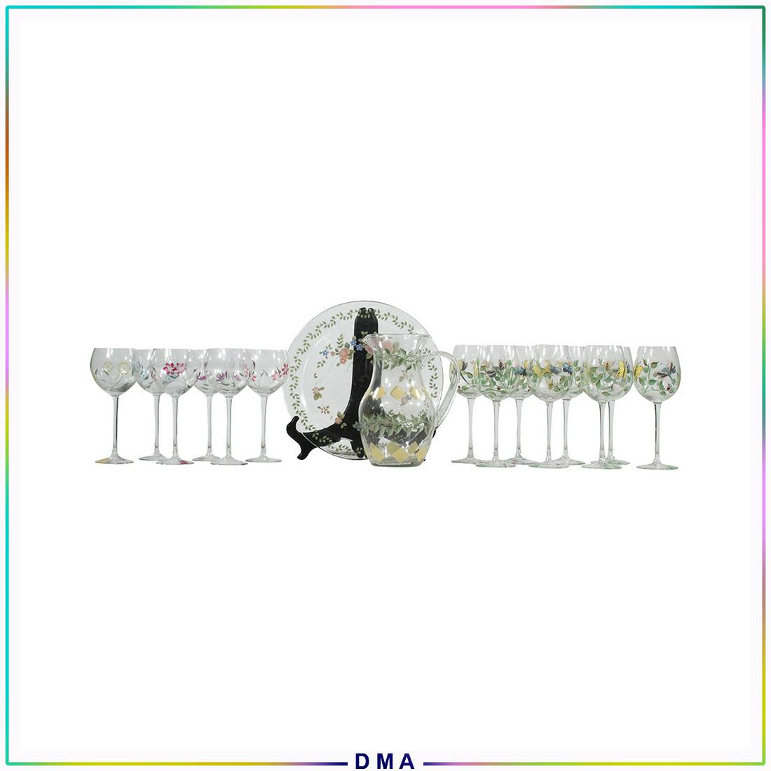 16 Pcs. Hand Painted Flowers Crystal Glass Stemware (1 of 9)