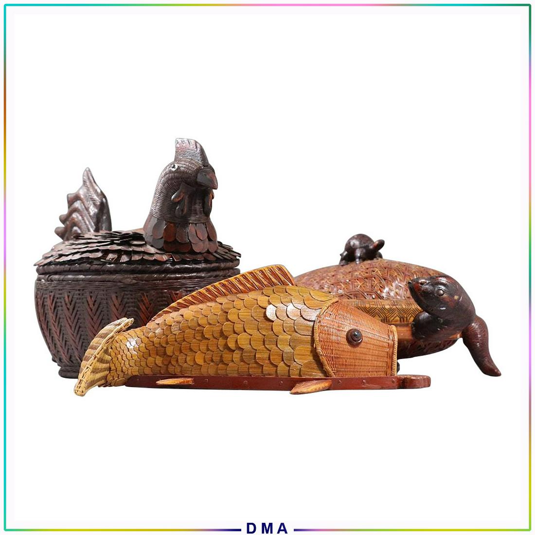 3 Unique Assorted Animal Weaved Reed Baskets (1 of 16)