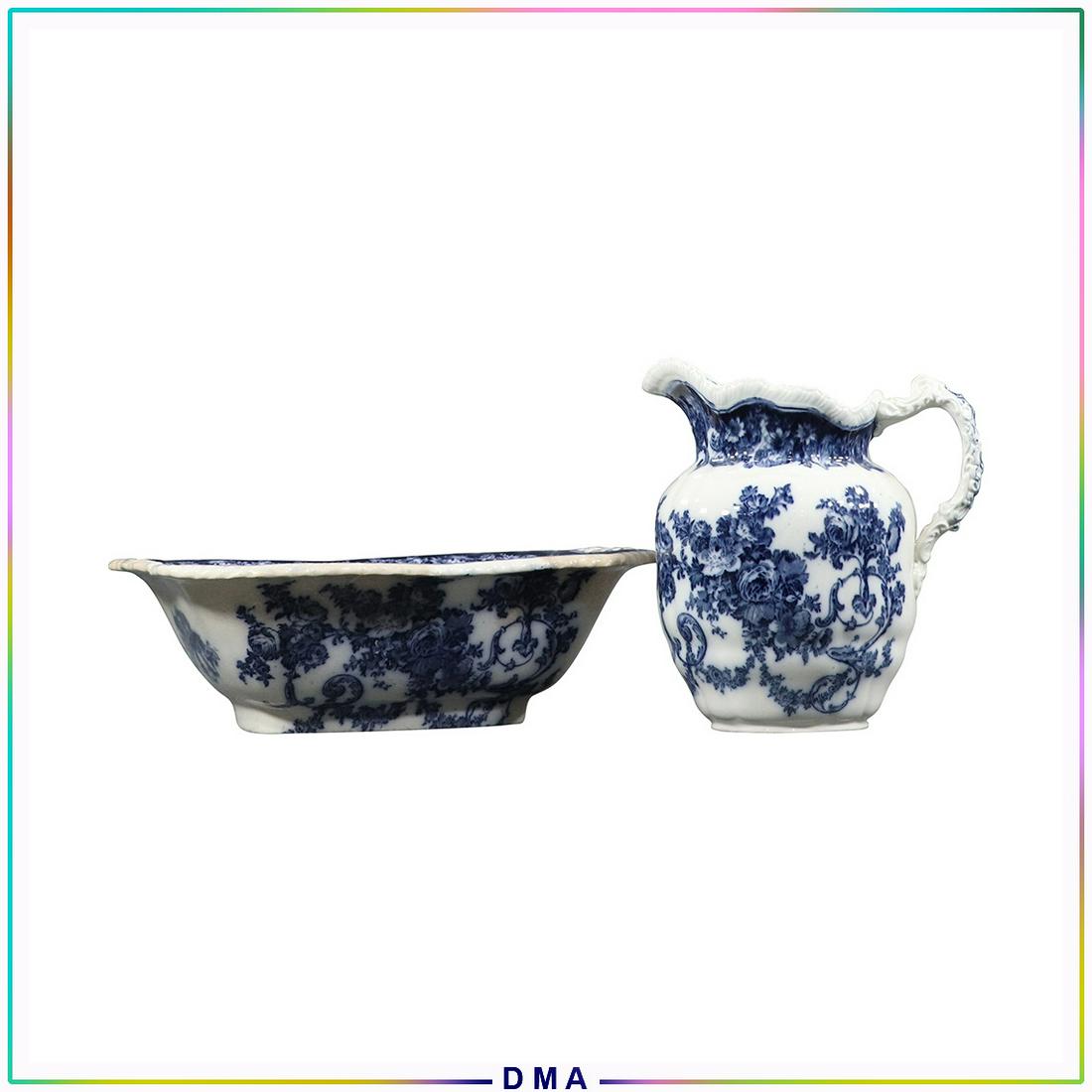 19th C. Ironstone Blue Floral & White Pitcher and Bowl (1 of 9)