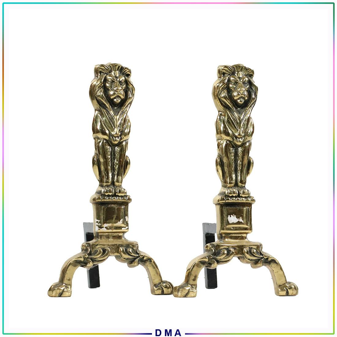 Brass Seated Lion Figures Fireplace Chenets / Andirons: Brass Seated Lion Figures Fireplace Chenets / Andirons. Clawfeet. Polished and Lacquered finish. Size: . 16.5h x 9w