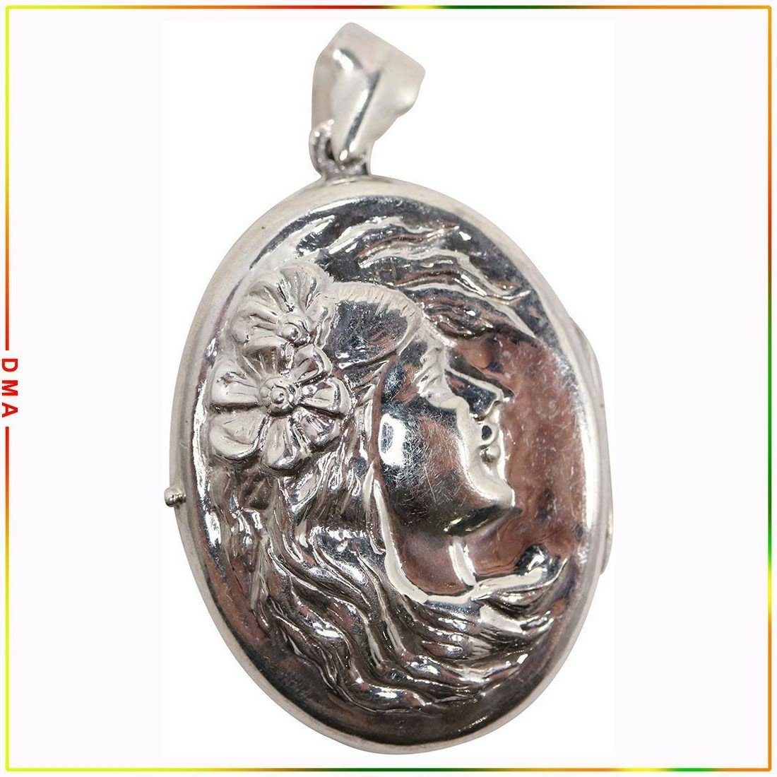 .925 Sterling Silver Art Nouveau Woman Portrait Locket: .925 Sterling Silver Art Nouveau Woman Portrait Locket. Marked: .925 ; Size: 2 in. x 1 1/8 in.