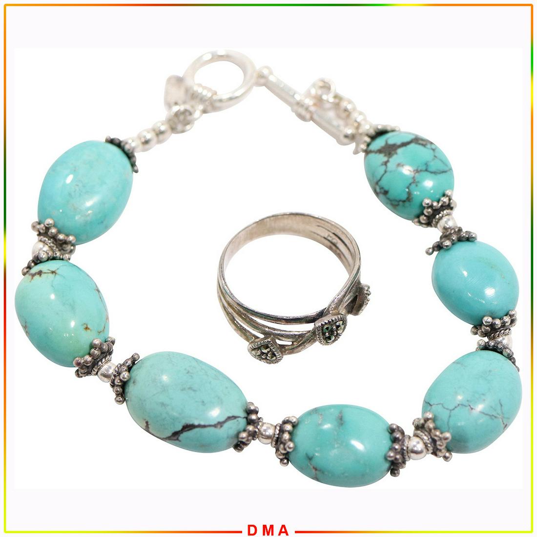 .925 Sterling Turquoise Bracelet & .925 Ring Marcasites (1 of 7)