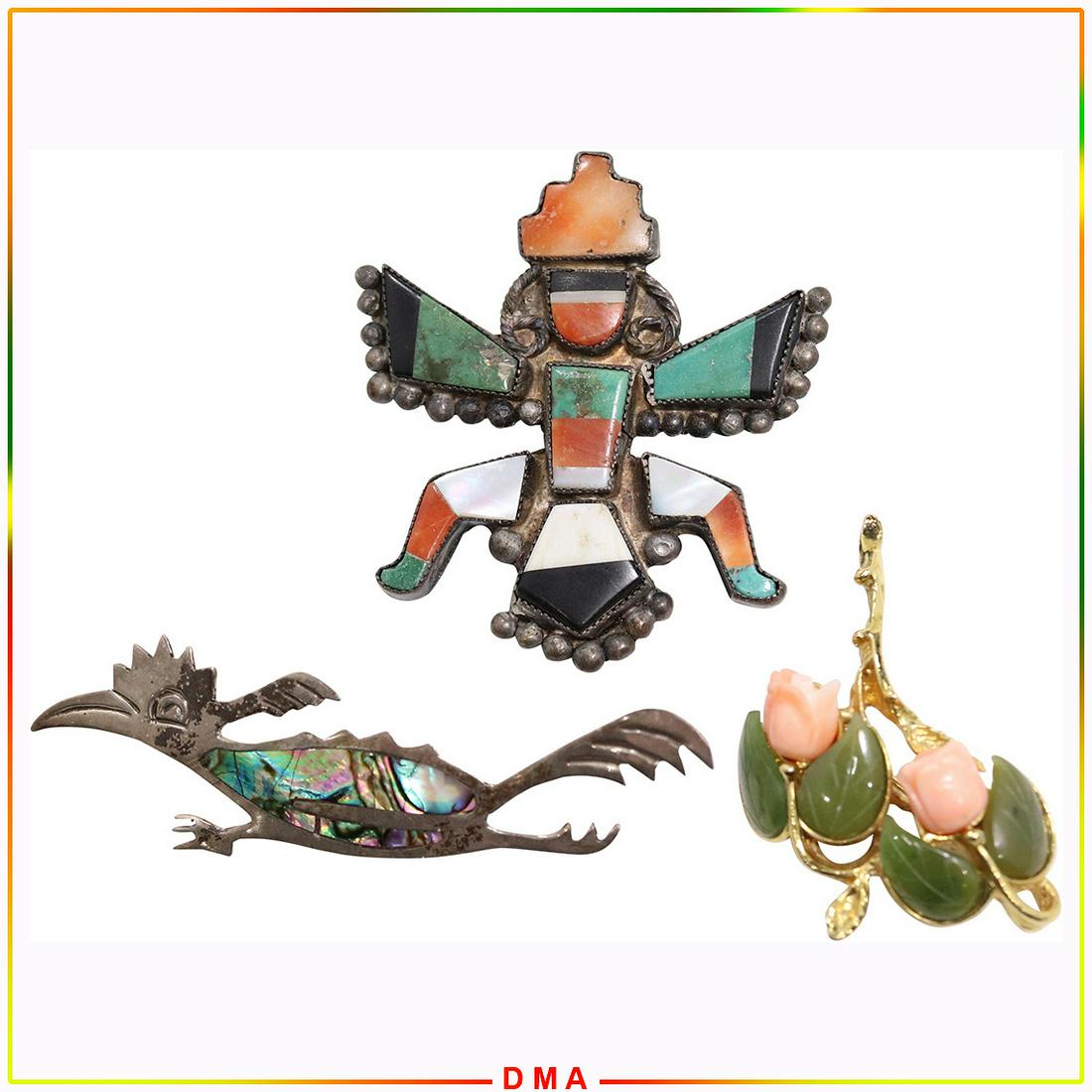 3 Assorted Brooches Sterling Jade Agate Turquoise (1 of 9)