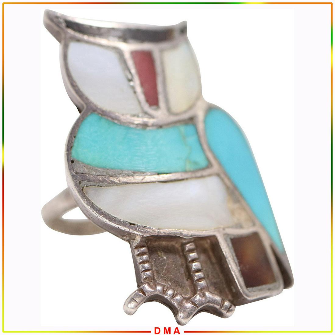 Sterling Silver Owl Ring with Turquoise MOP Black Onyx (1 of 4)