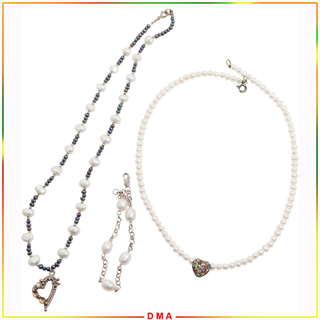 2 Sterling & Baroque Pearl Necklaces, Pearls Bracelet: 2 Sterling & Baroque Pearl Necklaces both with .925 Sterling Clasps and hearts 17 in. x 1/4 in., Cultured Pearls Necklace with Heart 16 in. x 1/4 in. , Baroque Pearls Bracelet marked .925 7in. x 1/4 i