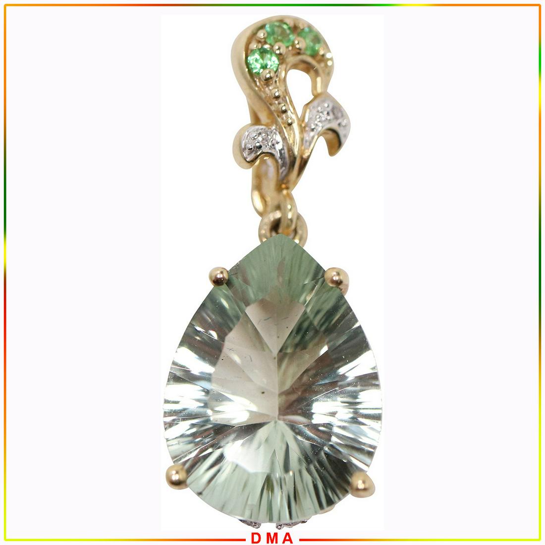 14K Yellow Gold Peridot Emeralds Diamonds Pendant: 14K Yellow Gold Peridot Emeralds Diamonds Pendant. 2.3 dwt ; size 1 1/8 in. x 1/2 in.