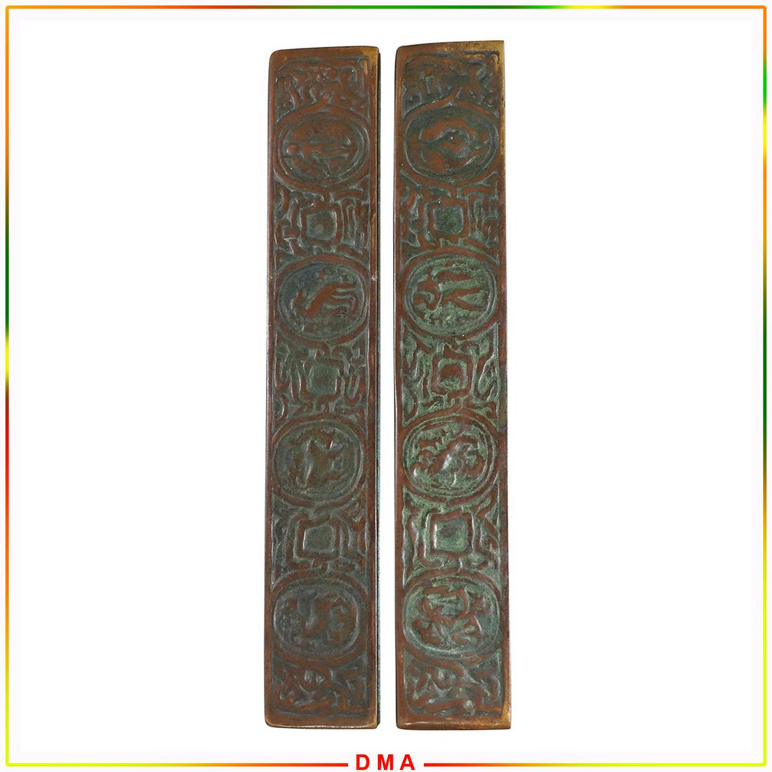 TIFFANY STUDIOS NEW YORK #994 Zodiac Blotter Ends: TIFFANY STUDIOS NEW YORK #994 Zodiac Blotter Ends. Bronze. Signed and numbered. Good original patina finish. Size: 12.25L x 2w