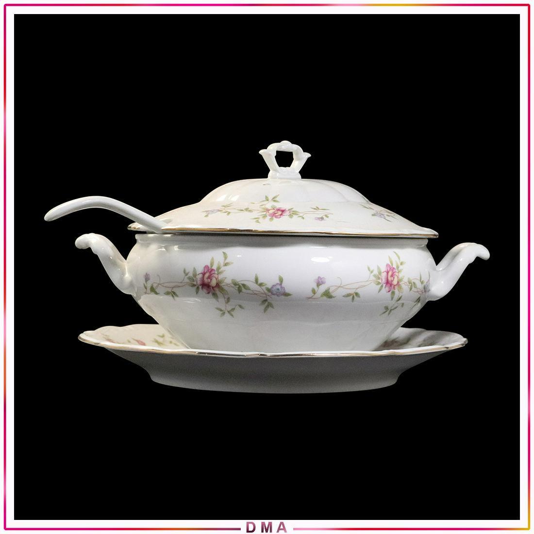 Walbrzych Poland Porcelain Turren, Ladel, Under Plate: Walbrzych Poland Porcelain Turren, Ladel, Under Plate. Size: 9x13 tureen, 12.5dia plate, 12x3 spoon