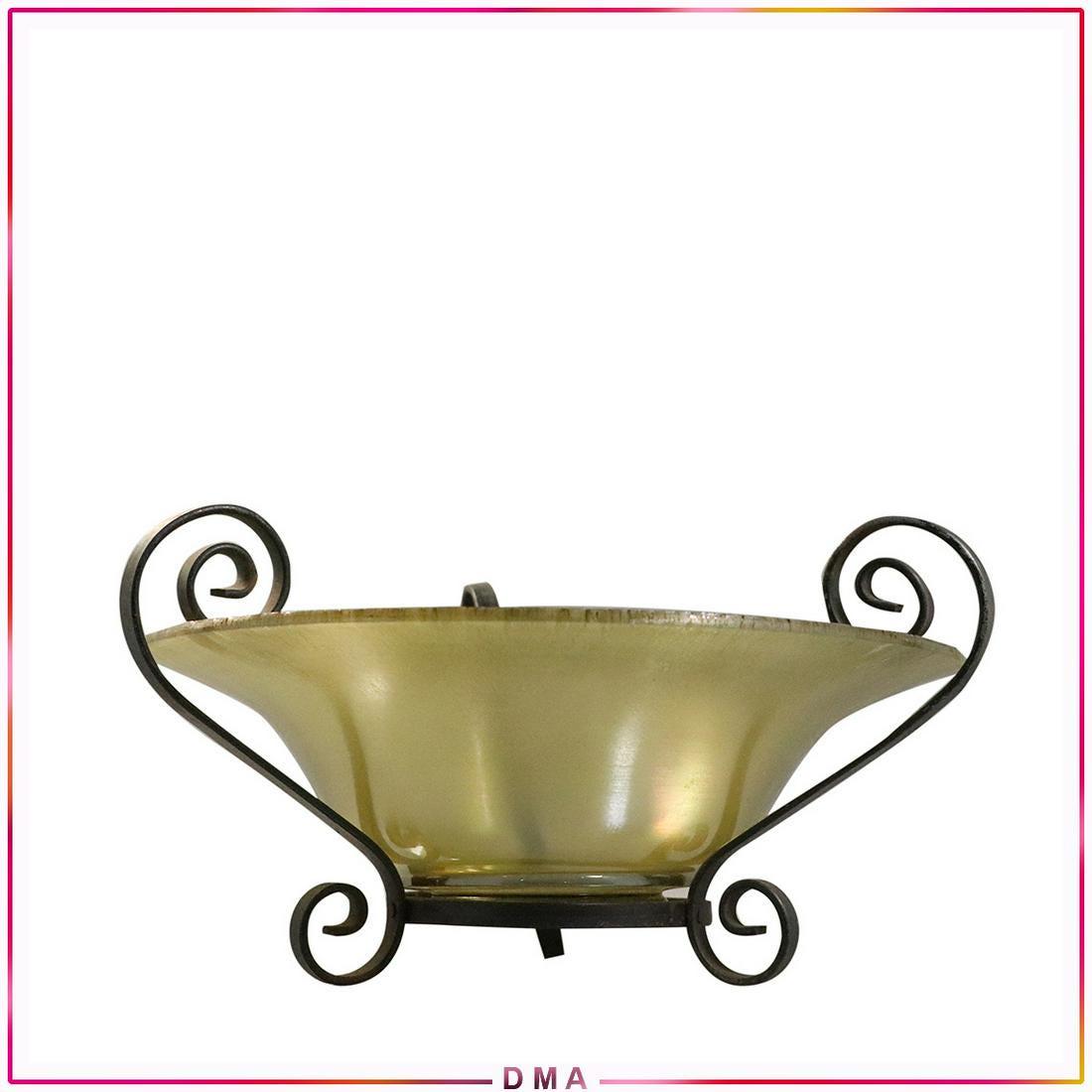 Stretched Glass / Art Glass Center Bowl Iron Frame: Stretched Glass / Art Glass Center Bowl Iron Frame. Vintage. Size: 6.5h x 11.75w