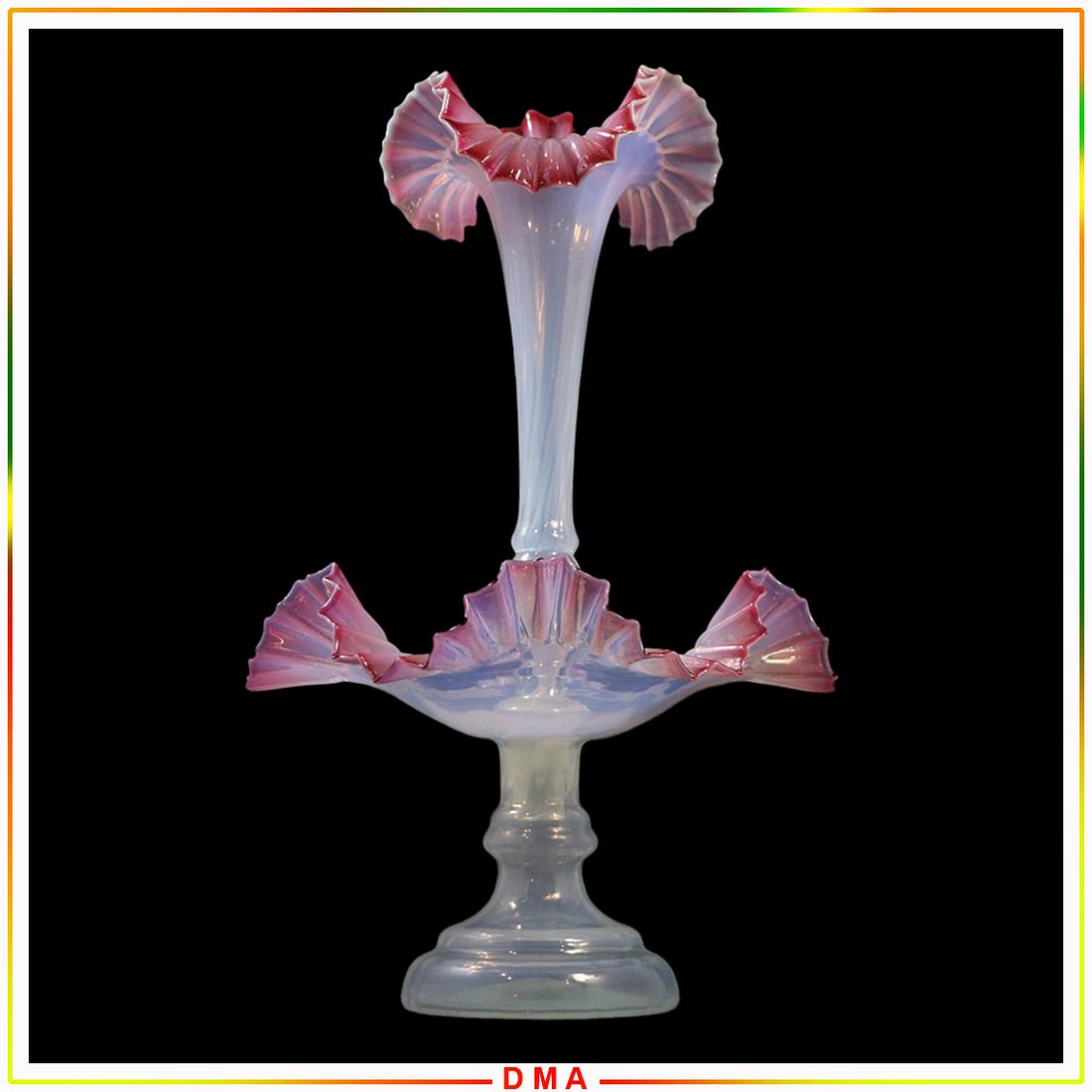 Cranberry Opalescent Glass Epergne - Czechoslovakia: Cranberry Opalescent Glass Epergne - Marked on base: Made in Czechoslovakia. Vintage. Size: 14h x 9w