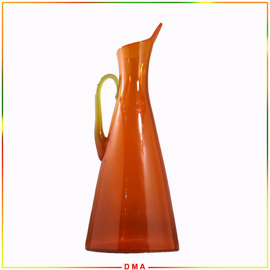 Tall 19" H. Orange Glass Pitcher Applied Yellow Handle (1 of 6)