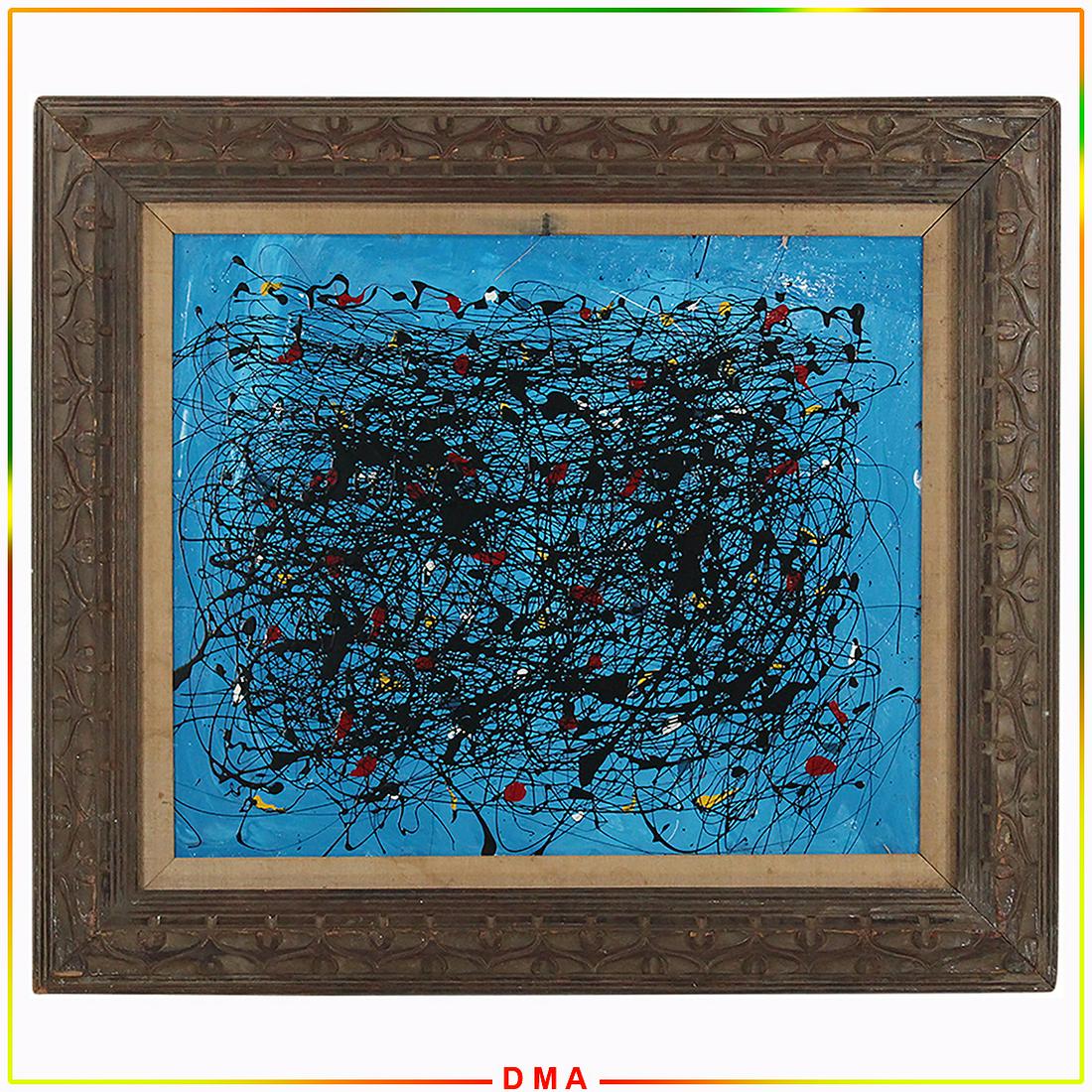 Pulgini, Drip Art On Blue Backgroud Oil Painting Signed: Pulgini, Drip Art On Blue Backgroud Oil Painting Signed. Oil on board painting, Signed on Verso. Framed. Popular Philadelphia Area Artist. Top Auction prices recorded for this artist in 2020 is $550,