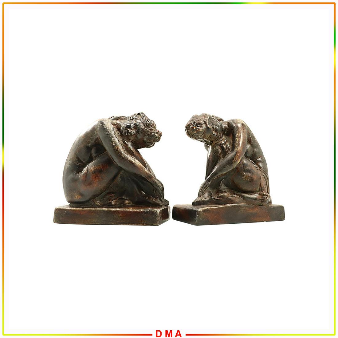 Croutching Nude Women Bookends in Bronze Patina Finish: Croutching Nude Women Bookends in Bronze Patina Finish. Hard Plaster Composition. Vintage. Size: 8h x 8w