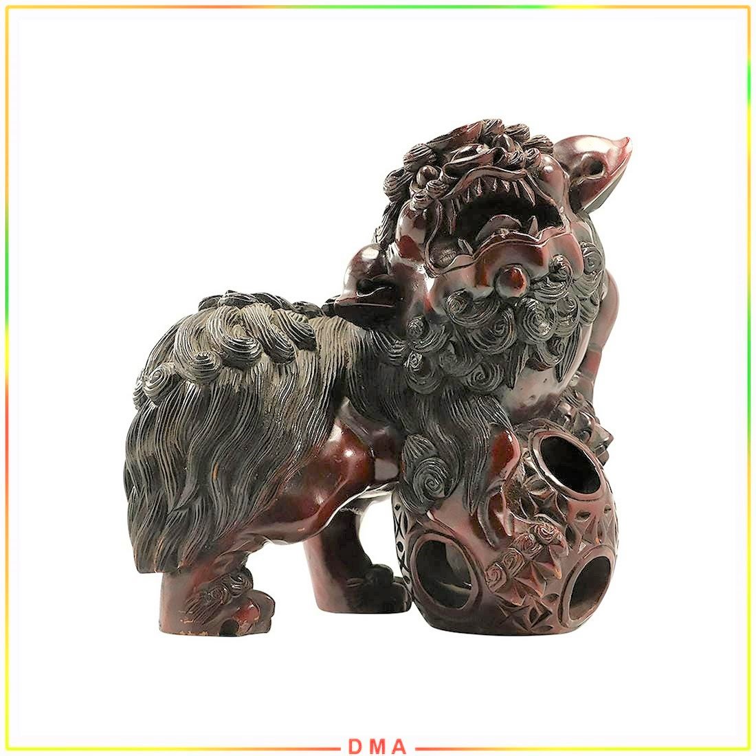 Cherry Wood Carved Chinese Buddhist Lion Figure Sculpt (1 of 8)