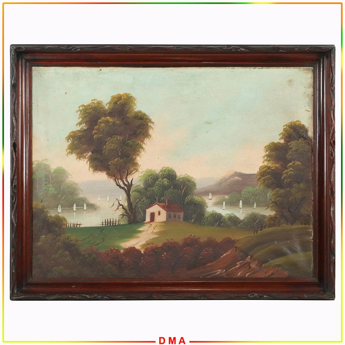 Naive Hudson River School Painting Hudson River, Boats, (1 of 6)