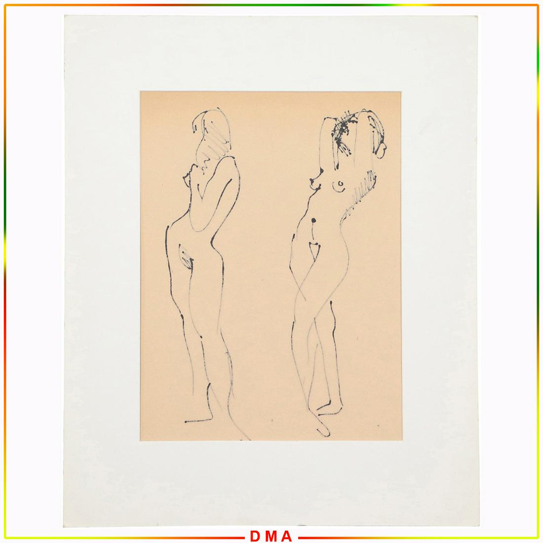 Ink Sketch of 2 Nude Standing Female Models: Ink Sketch of 2 Nude Standing Female Models. Size: 12.5x9.5 in image, 18.25x15 in outside mat