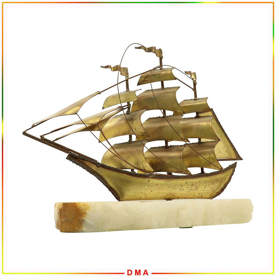 Don Demott Brass and Onyx Full Sail Ship Sculpture: Don Demott Brass and Onyx Full Sail Ship Sculpture. Signed, signature is worn. Size: 11x13in, 10.5.x2.5x1.5 in base