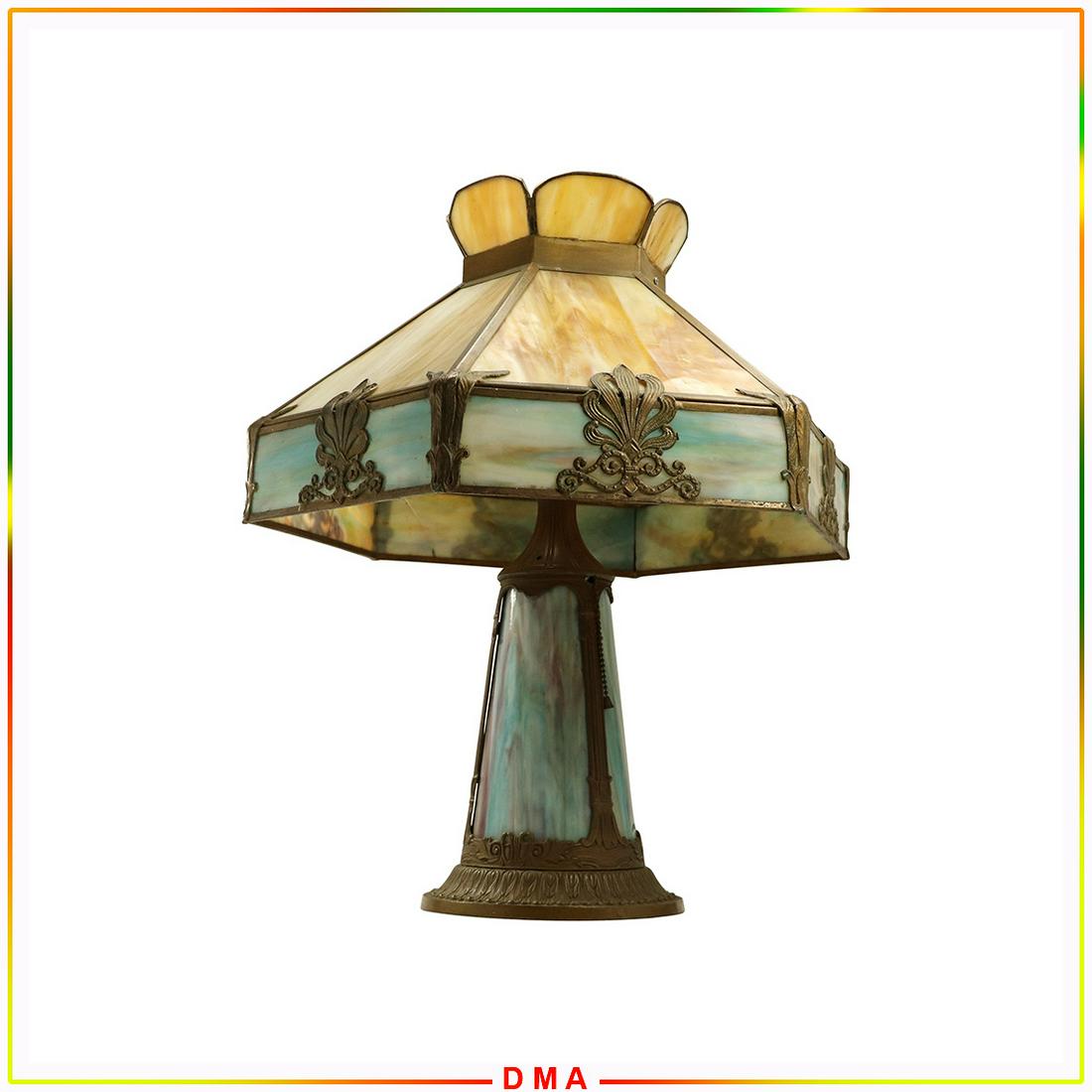 Vintage 2-Color Slag Glass Panel Lamp, Light Up Base (1 of 10)