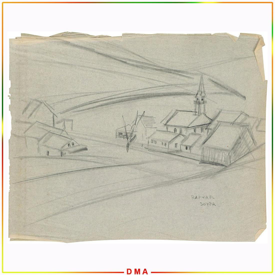 Raphael Soyer, Signed Graphite Drawing Town, Church (1 of 7)