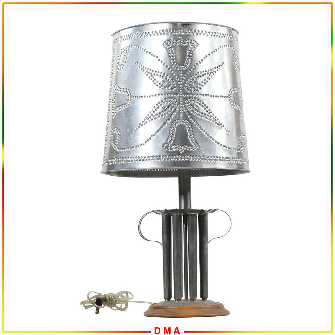 20th C Country Style Pierced Tin Shade Candle Mold Lamp (1 of 7)