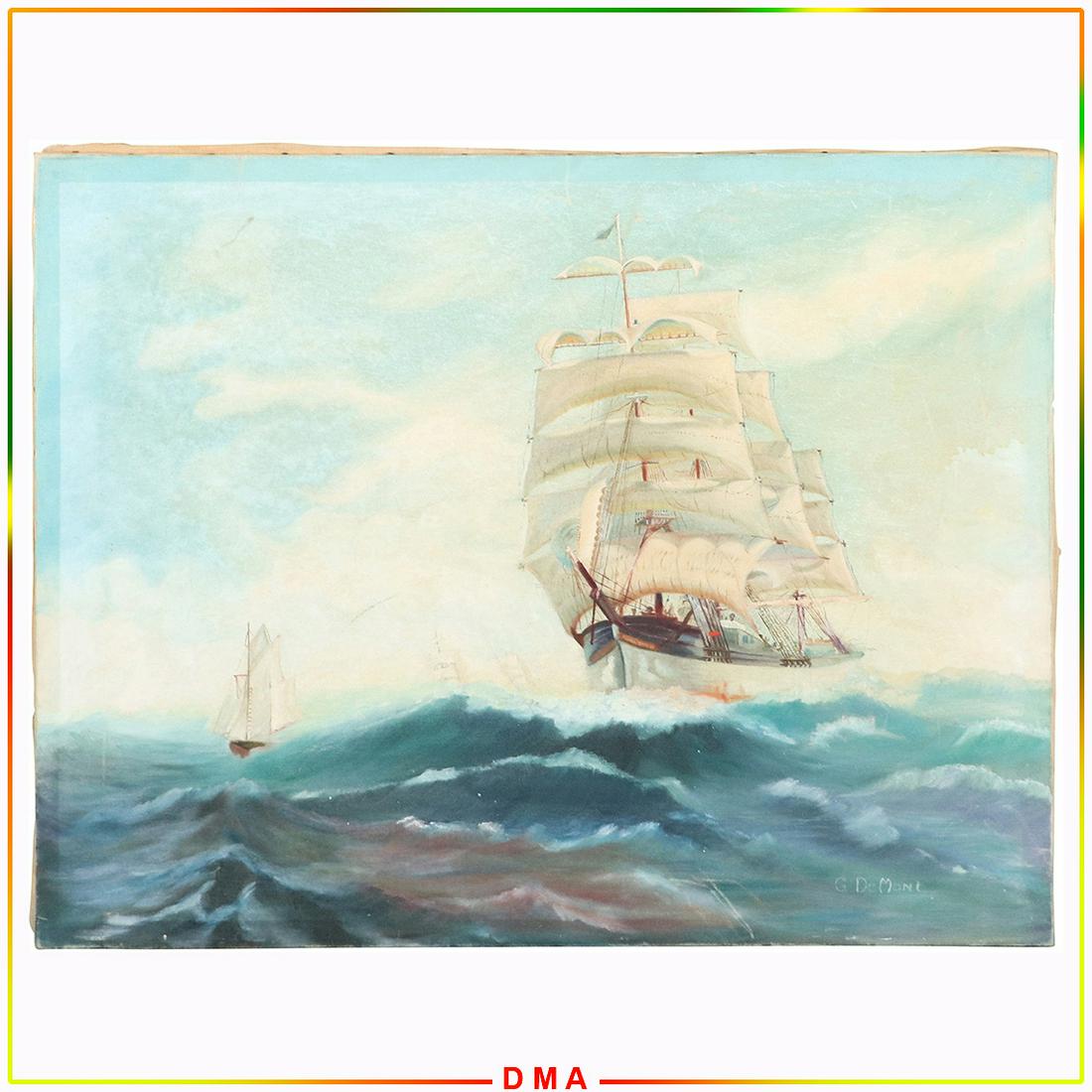 G DeMont, Vintage Oil Painting Full Sail Clipper Ship (1 of 6)