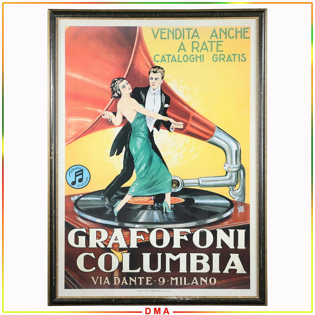 Grafofoni Columbia, Large Poster of Record Player: Grafofoni Columbia, Large Poster of Record Player, Printed in Milano. Decorative Replica Poster, Large Size, Framed. Size: 50x35 image, 56.5x41.5 outside frame