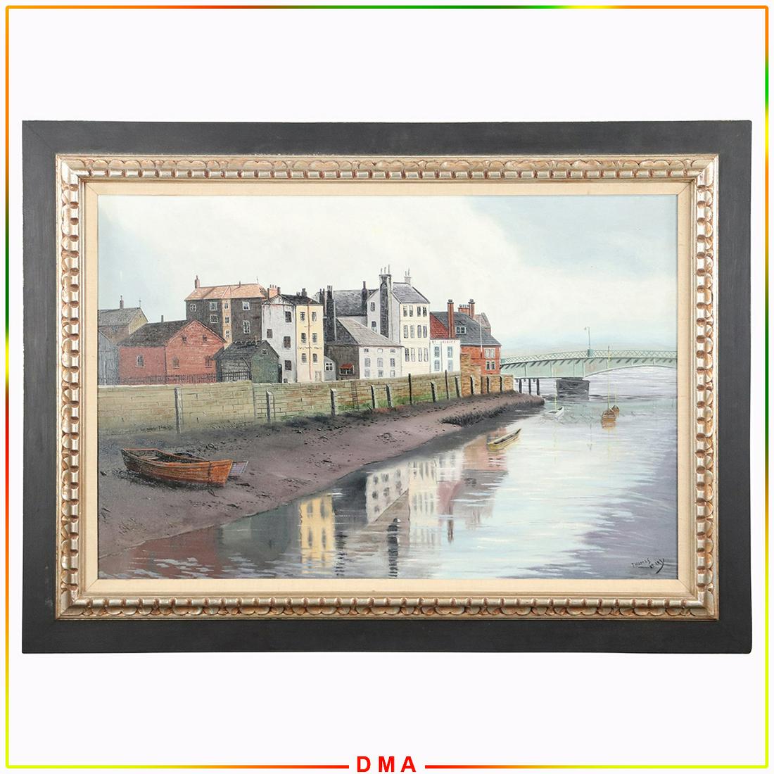 Thomas Kerry, American Oil/c Seaside Coastal Village: Thomas Kerry, American Oil/c Seaside Coastal Village. Oil on canvas painting. Signed. Original frame. Size: 24x36 image, 32.5x44.5 outside frame. ASKart: Thomas Kerry (20/21st century) is active/lives