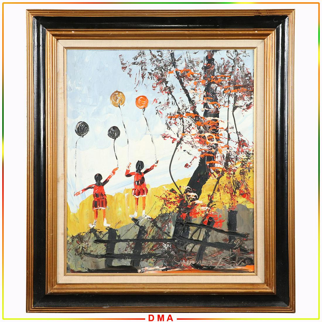 Morris Katz 1975, Jewish-American, Children Balloons: Morris Katz 1975, Jewish-American, Children Balloons. Acrylic on board, Signed and Dated, Original Frame. Well listed Artist. Size: 24x20 image, 32x28 outside frame. ASKart: Morris Katz (1931 - 2010) 