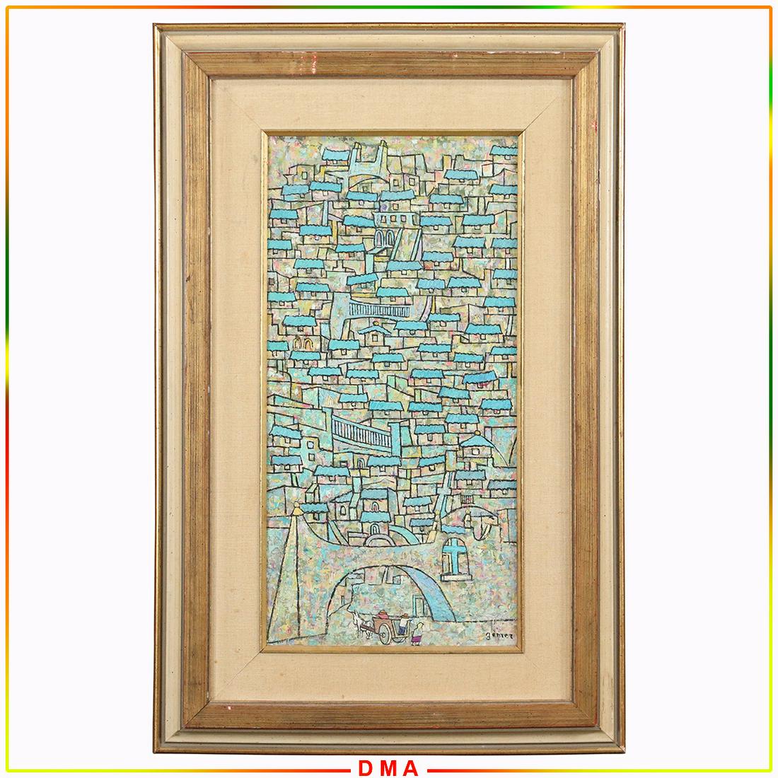 Moishe Gomez, Mid-Century Oil/b Abstract Rows Houses (1 of 8)