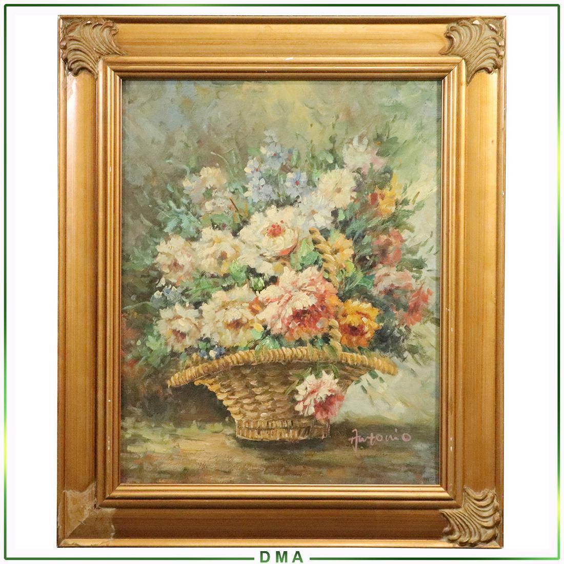 Antonio, 20th C. Impressionist Flowers in Reed Basket: Antonio, 20th C. Impressionist Flowers in Reed Basket. Oil on canvas painting. Signed, Original Frame. Size: 20x16 image, 25.5x21.5 outside frame