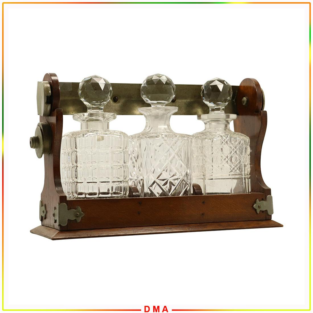 Antique Tantalus Oak & Nickel 3 Liquor Decanter Bottles (1 of 7)