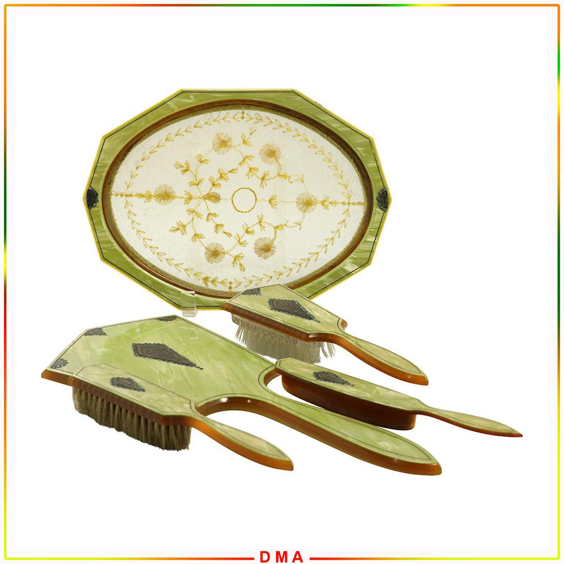 5 Pc. Circa 1920 Green Celluloid Brush & Mirror Set (1 of 8)