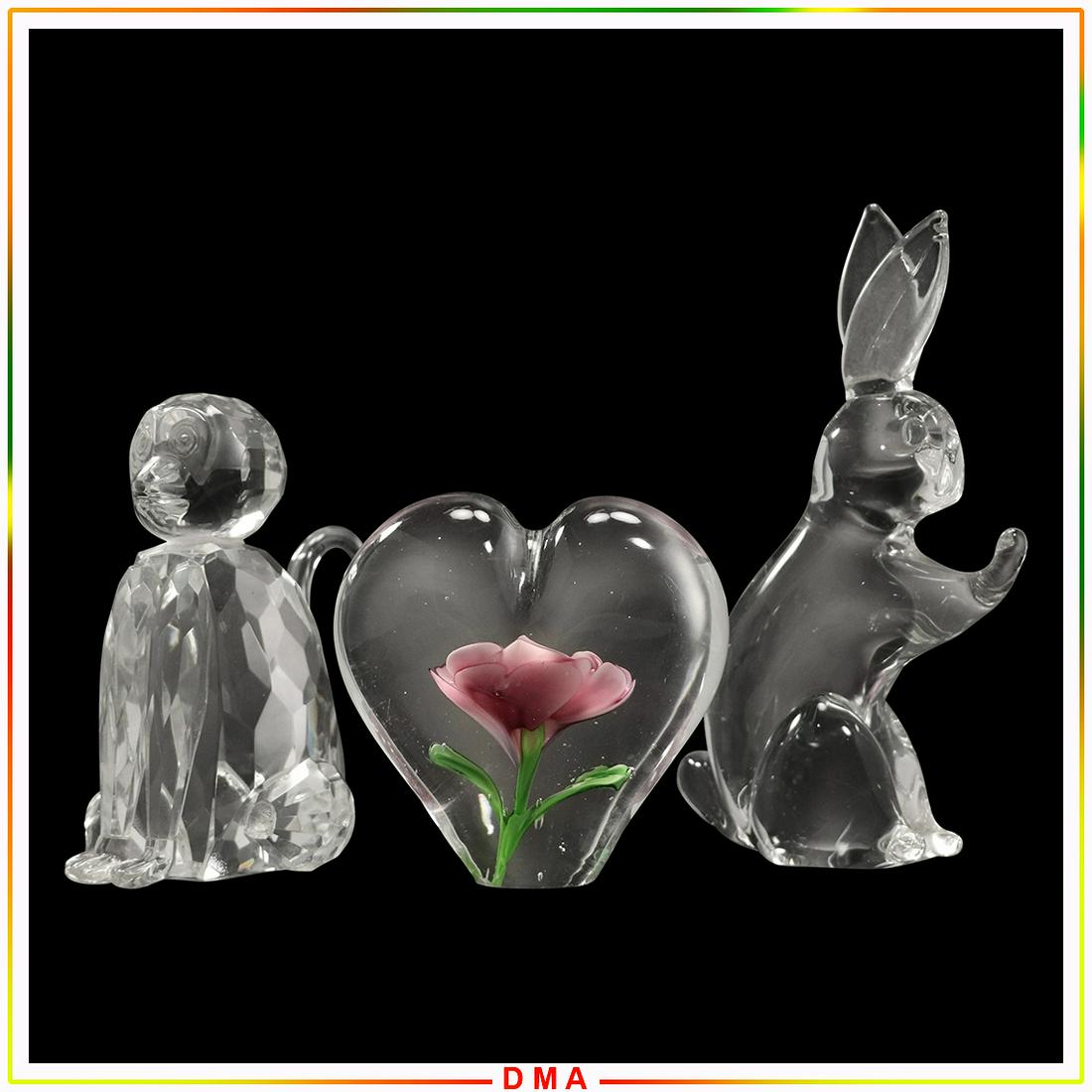 Art Glass Heart Paperweight, Rabbit, Faceted Monkey: Art Glass Heart Paperweight, Rabbit, Faceted Monkey. Size: 4-7.5h range