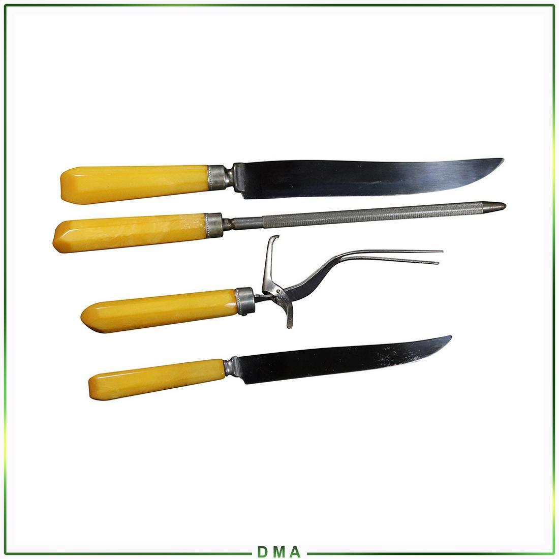 4 Pc. Yellow Bakelite Carving Set , Mid-Century Modern: 4 Pc. Yellow Bakelite Carving Set , Mid-Century Modern. Vintage. Size: 10-13L range