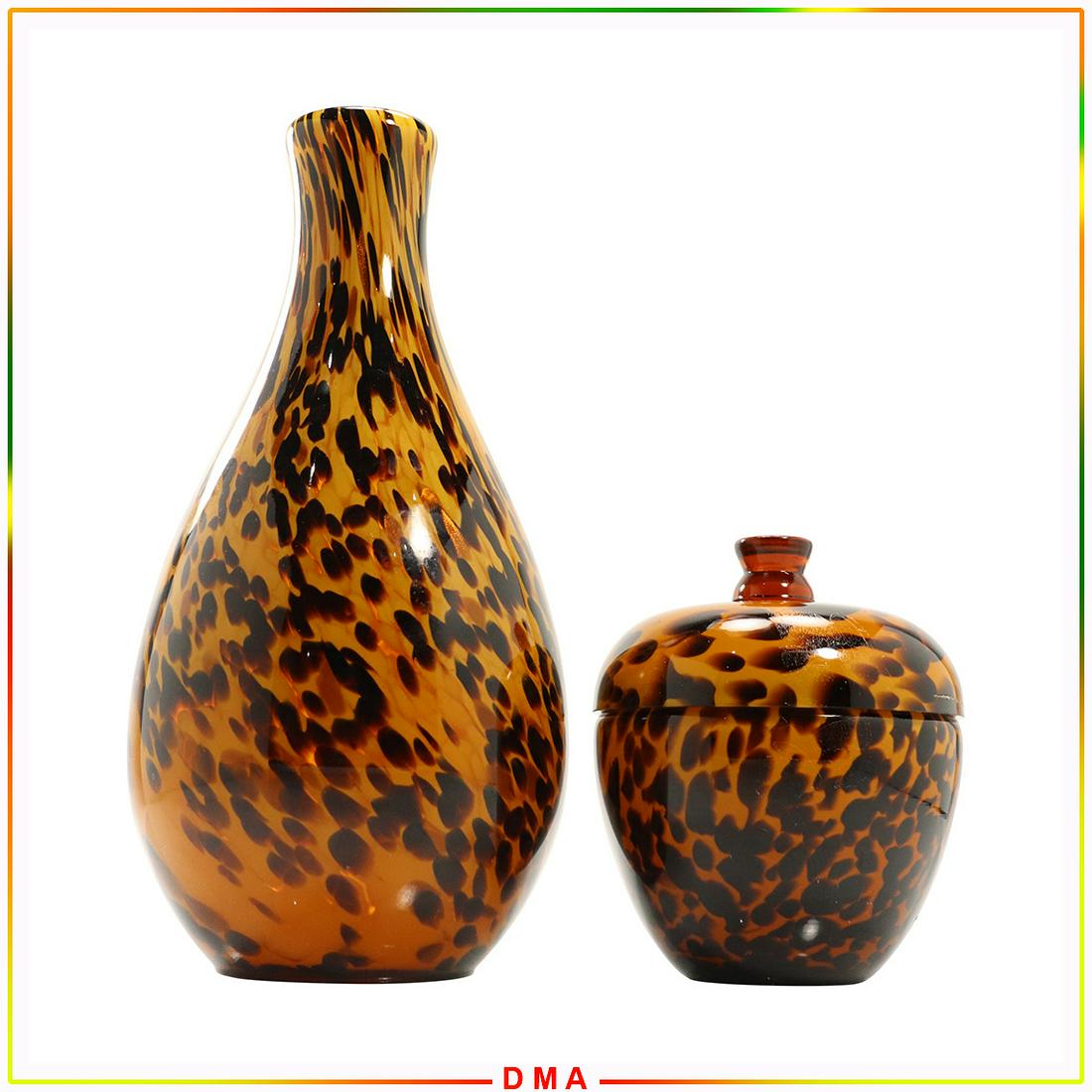 [2] Two Speckled Amber & Black Art Glass Vases (1 of 6)