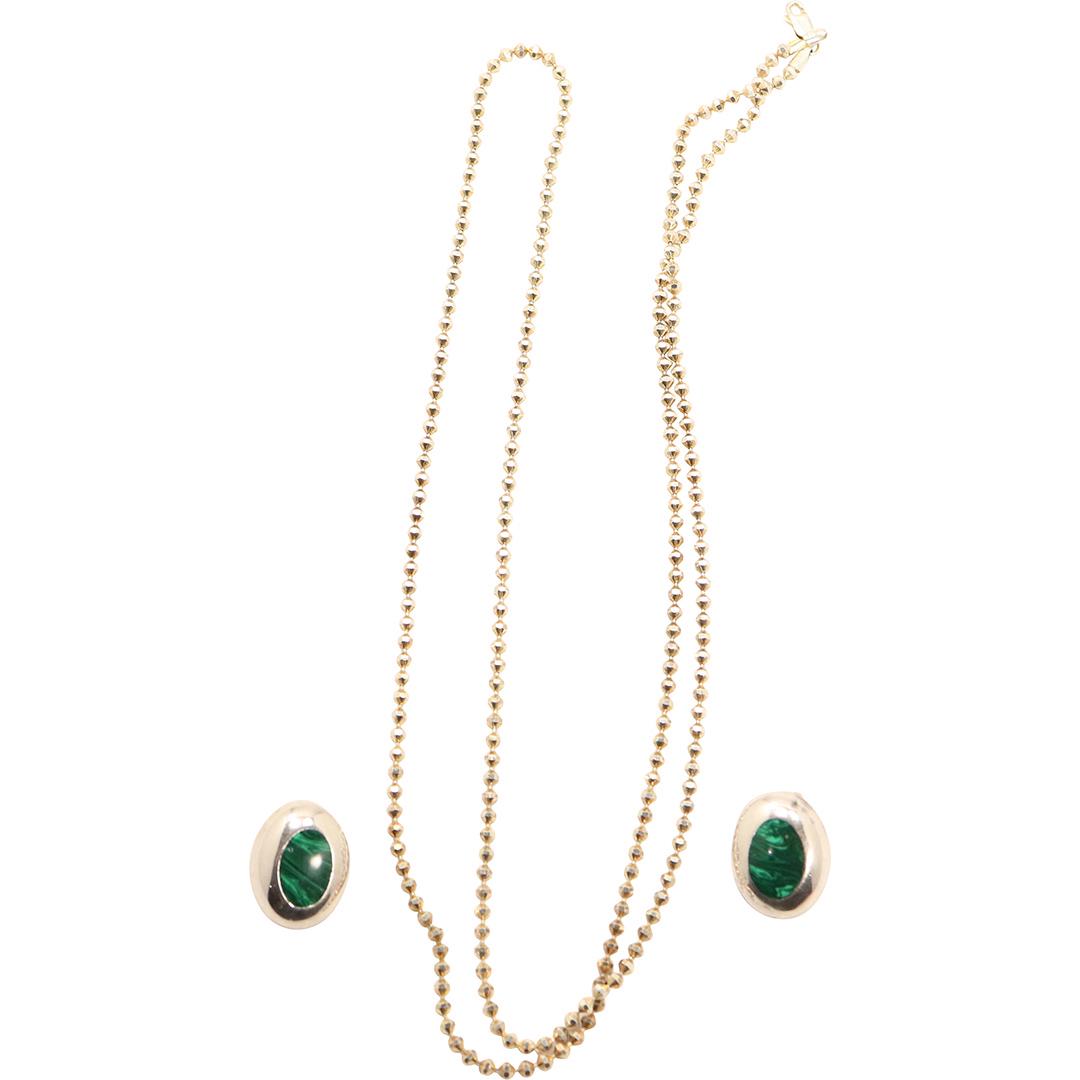 .925 Sterling Milor Dress Chain & .925 Malachite Ear: .925 Sterling Milor Dress Chain marked: .925 Milor, 18 in. x 1/8 in. & .925 Mexico TF TL Malachite Clip-on Earrings 3/4 in. x 1 in.