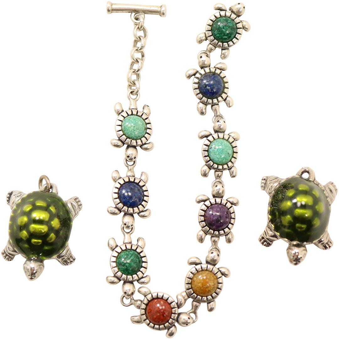 .925 Sterling Colored Stones Turtle Bracelet & 2 Charms (1 of 7)