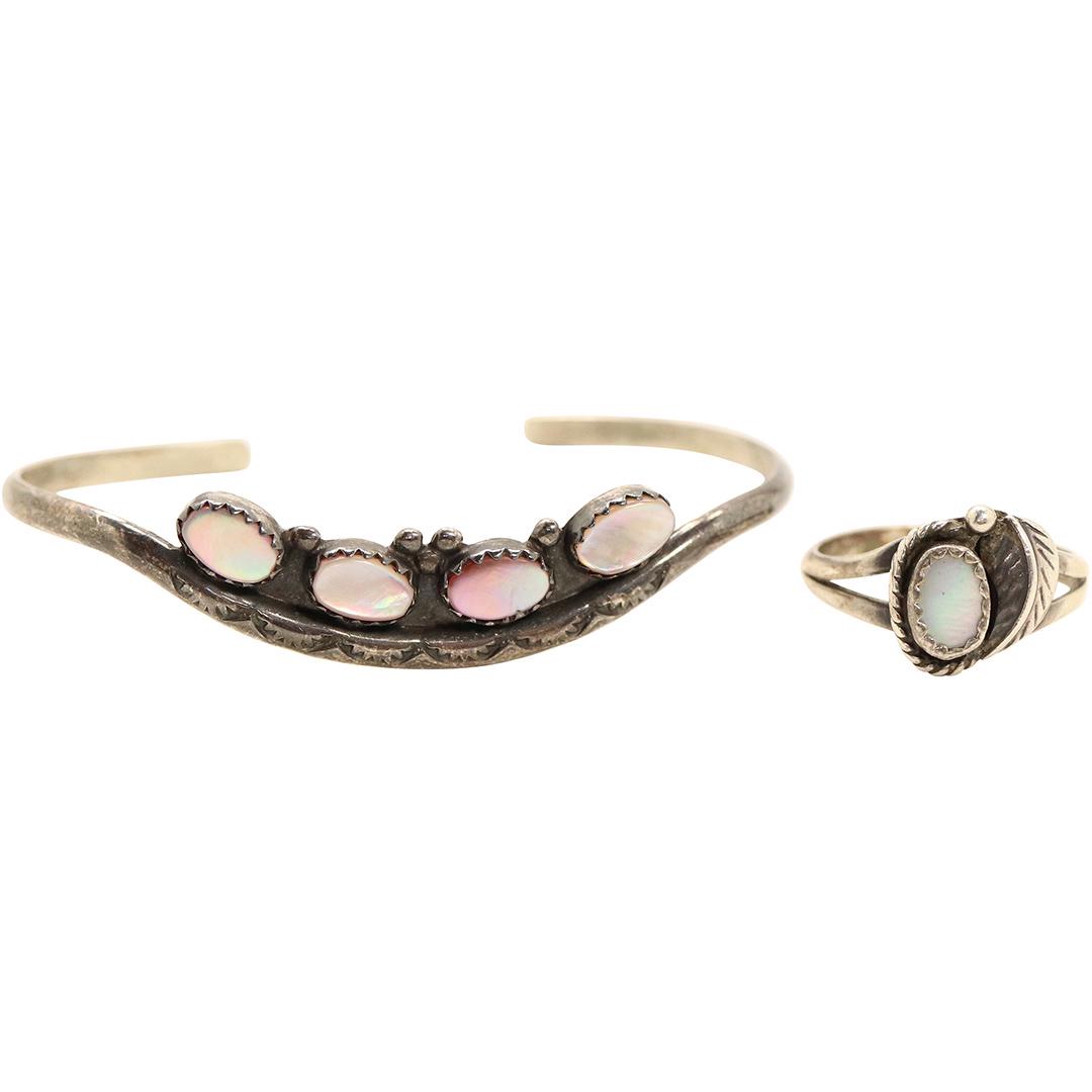 Sterling Mother of Pearl Stones Bracelet & MOP Ring (1 of 6)