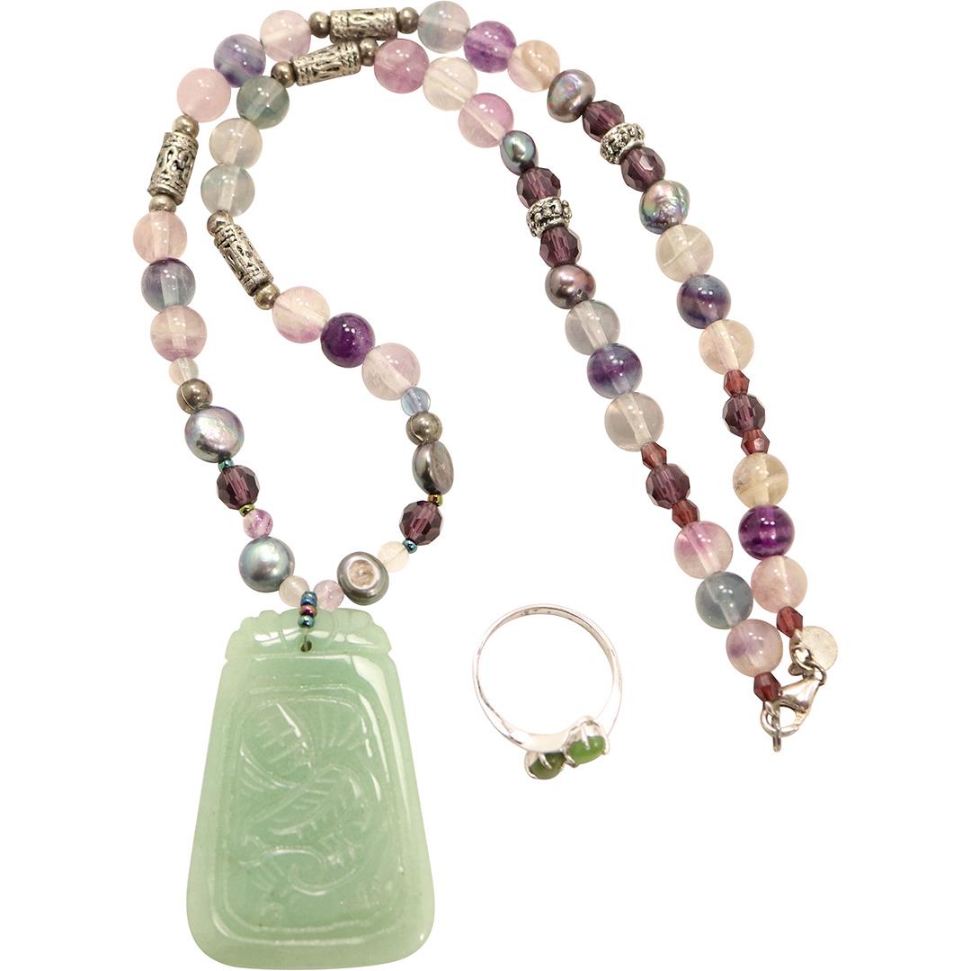 .925 Sterling Jade Pendant Necklace; Sterling Jade Ring (1 of 7)