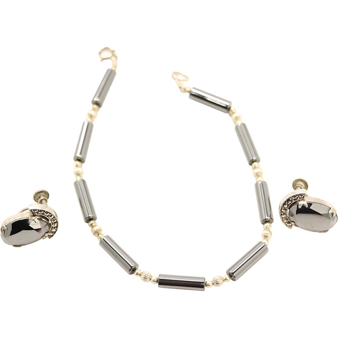 .925 Sterling Hematite Bracelet & Sterling Earrings: .925 Sterling Hematite Bracelet marked .925; size: 8 in. x 1/8 in. & Sterling Earrings, screw backs, marked: Sterling, size 3/4 in. x 1/2 in.