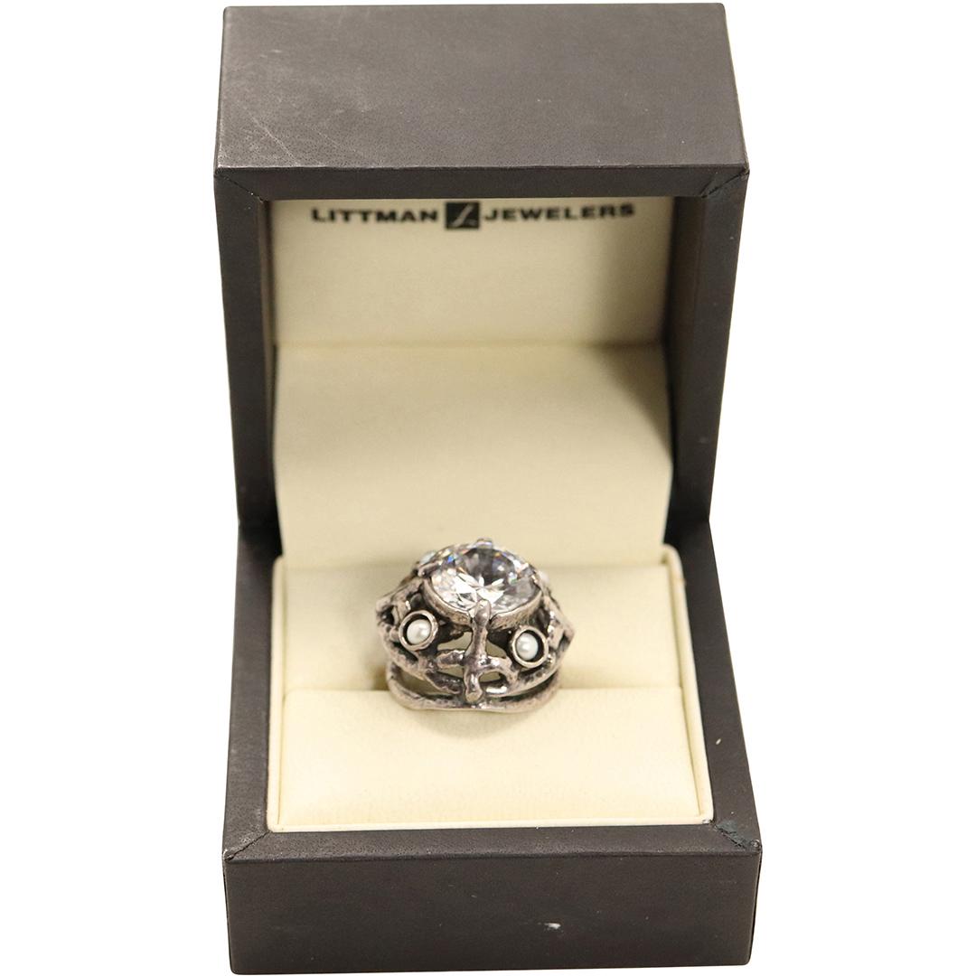 .925 Sterling Silver Large CZ and Pearls Fancy Ring (1 of 7)