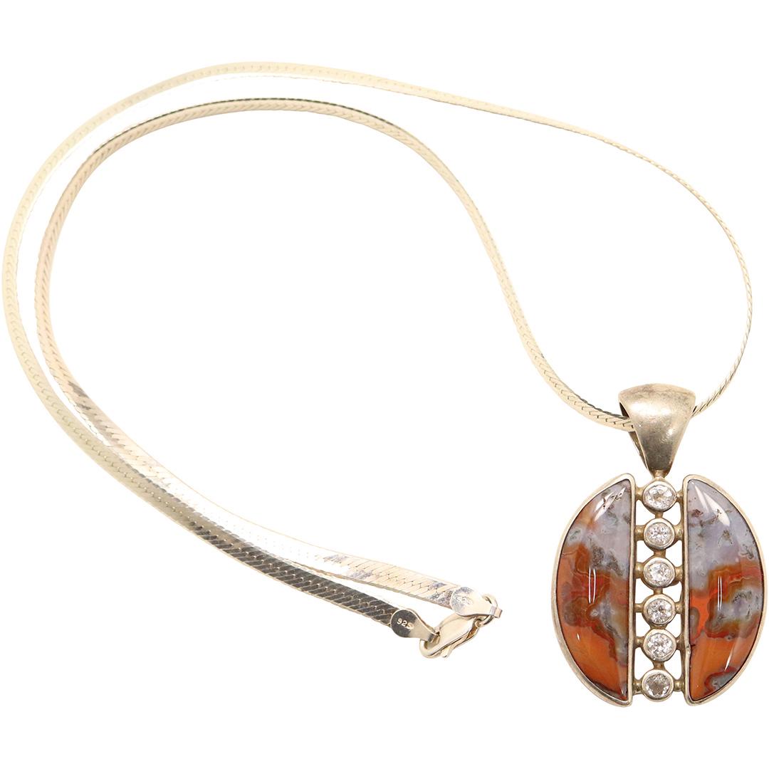 .925 Sterling Silver Agate Pendant Herringbone Necklace (1 of 7)